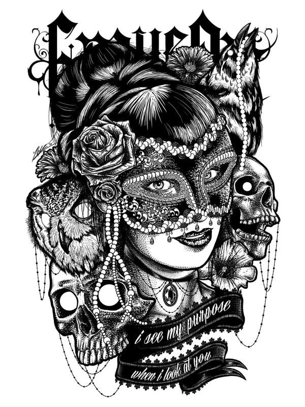 Détail de l'illustration du débardeur à motif masque gothique