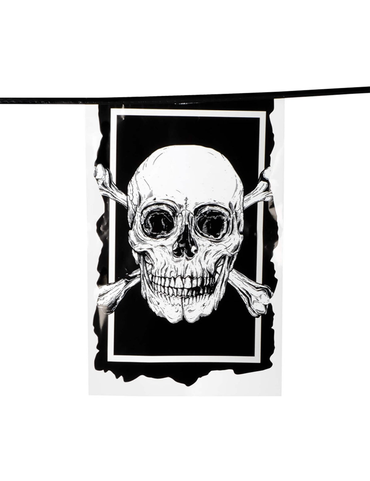 Detalhe de uma bandeira da grinalda de 10 bandeiras em plástico Pirate Jolly Roger