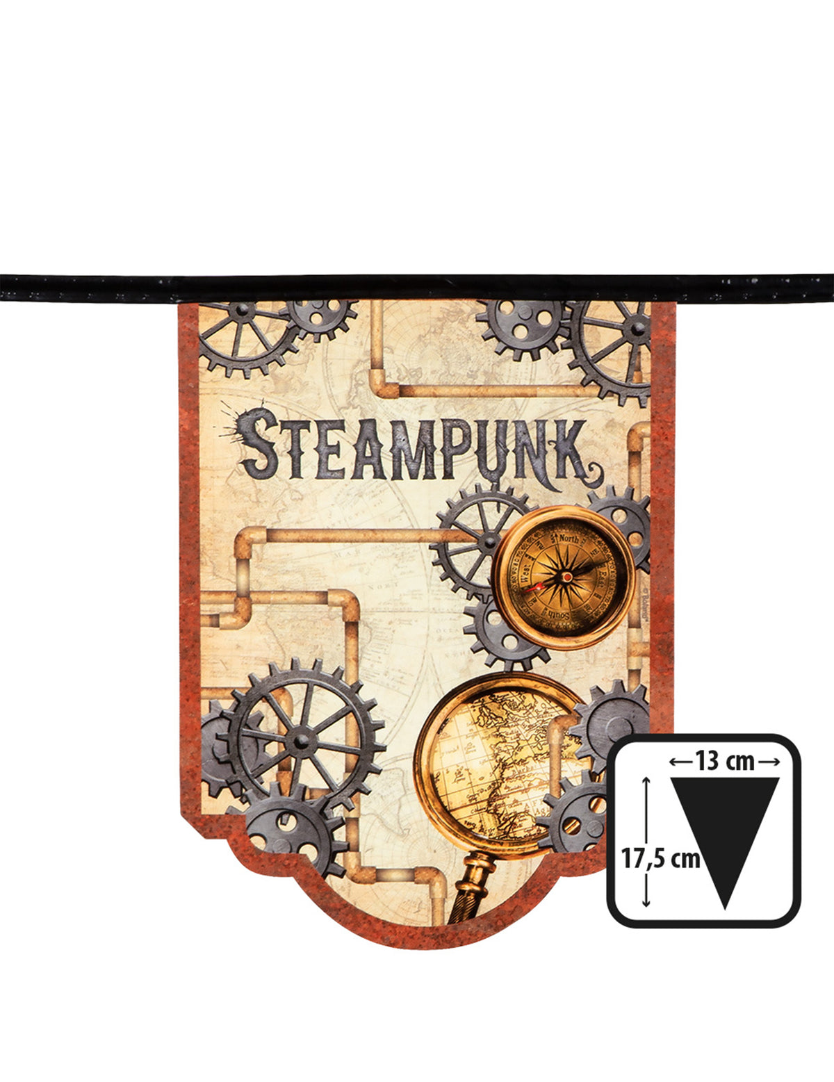 Détail des dimensions d'un fanion de la guirlande 11 fanions en carton Steampunk
