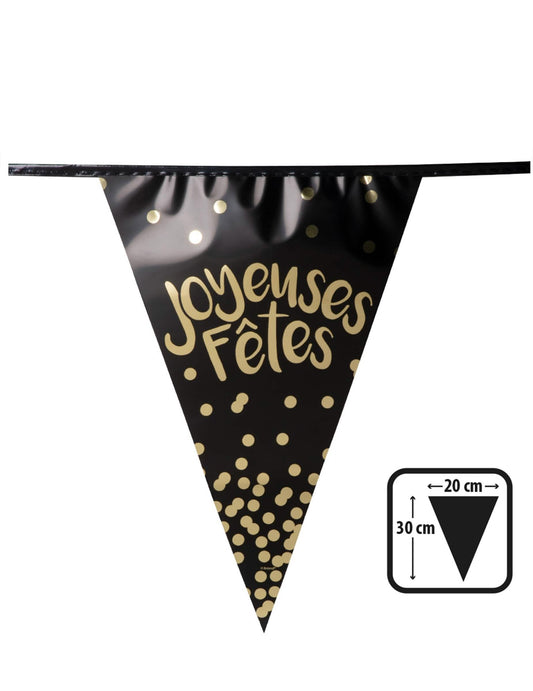 Détail d'un fanion et dimensions de la guirlande à fanions joyeuses fêtes noire et dorée métallisée