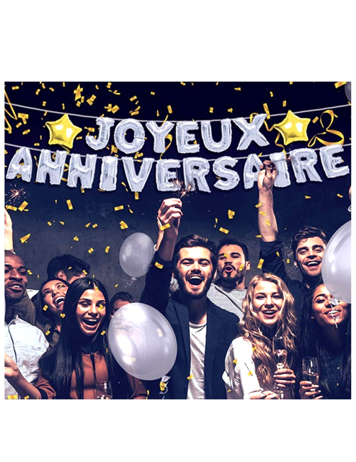 Mise en situation de la guirlande ballons Joyeux Anniversaire argentée