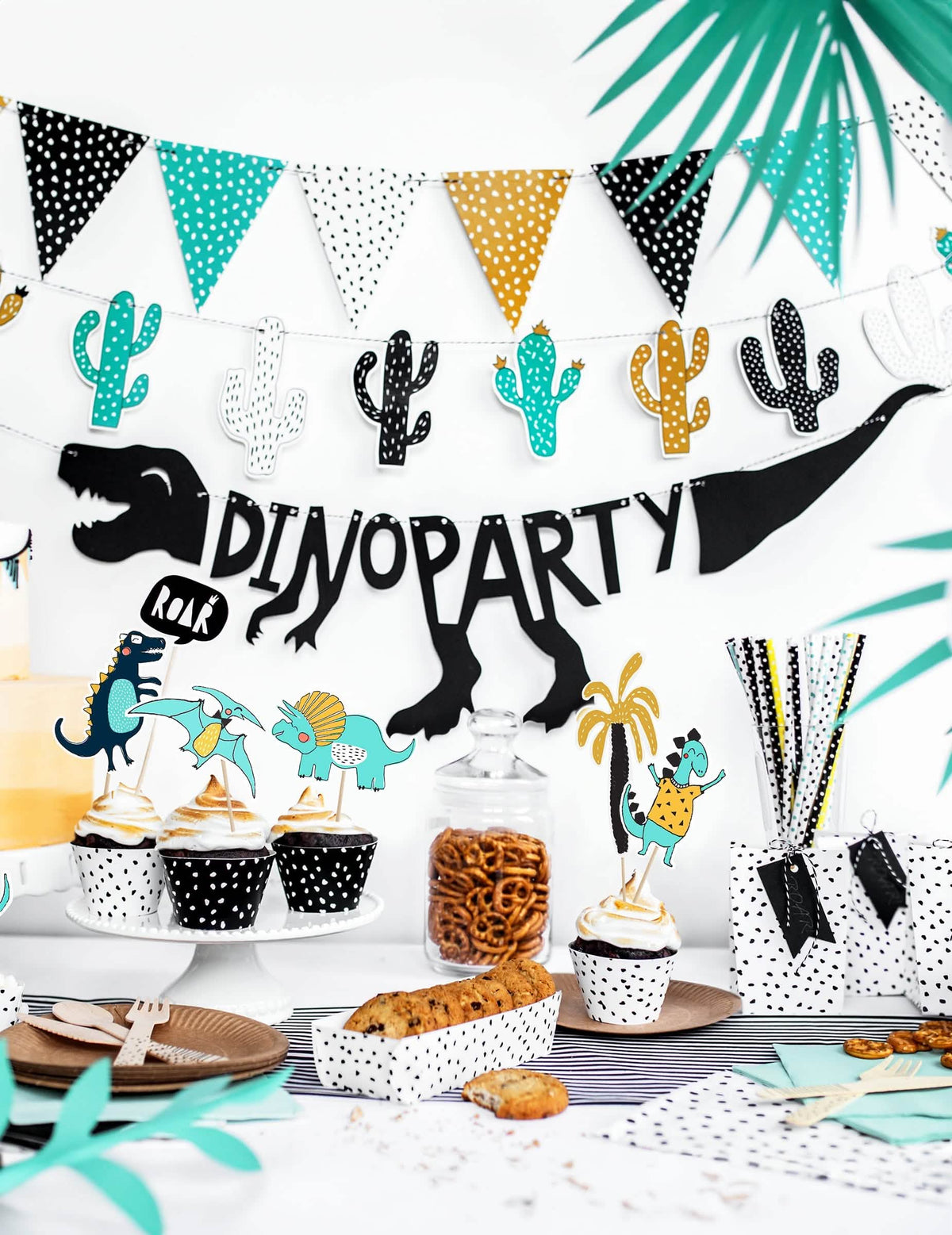 decoração de mesa dinossauro da grinalda de bandeirolas às bolinhas branco para festa multicores em cartão