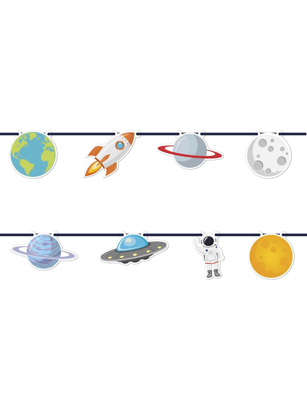 Guirlanda de cartão tema cosmos espaço para festa multicores com planetas, foguetão e espaço