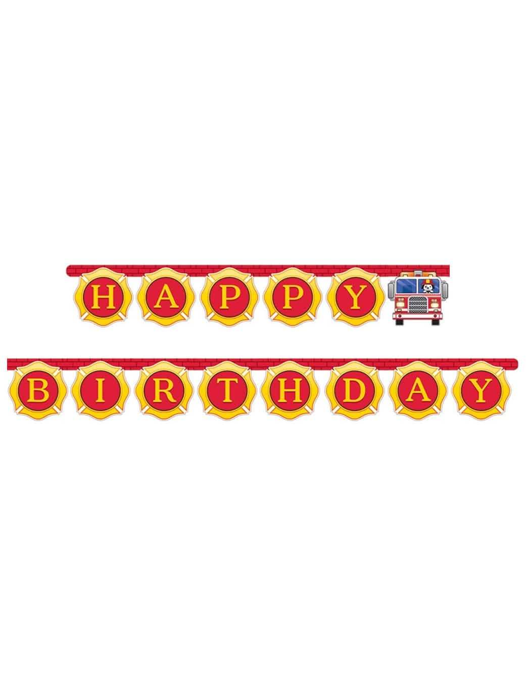 Grinalda happy birthday camião de bombeiros para menino vermelho e amarelo