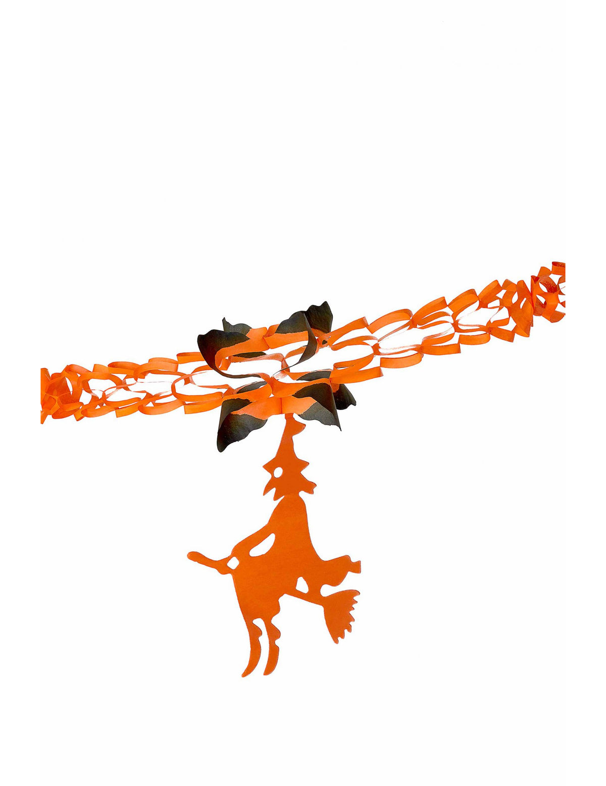 Détail de la figurine de sorcière orange de la guirlande en papier sorcière