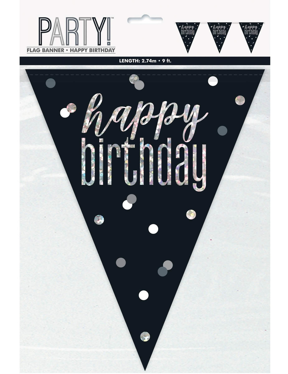 Guirlanda de fanions Happy Birthday para aniversário preta e cinzenta com letreiro prateado