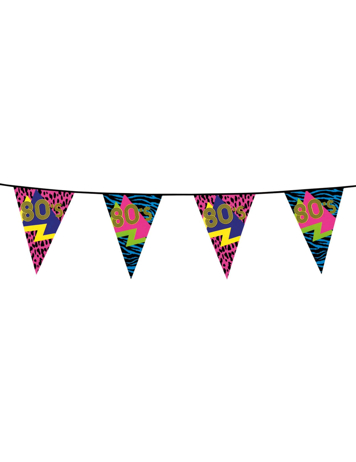Guirlanda de bandeirolas Party dos anos 80 multicores com motivos néon e estampados animal
