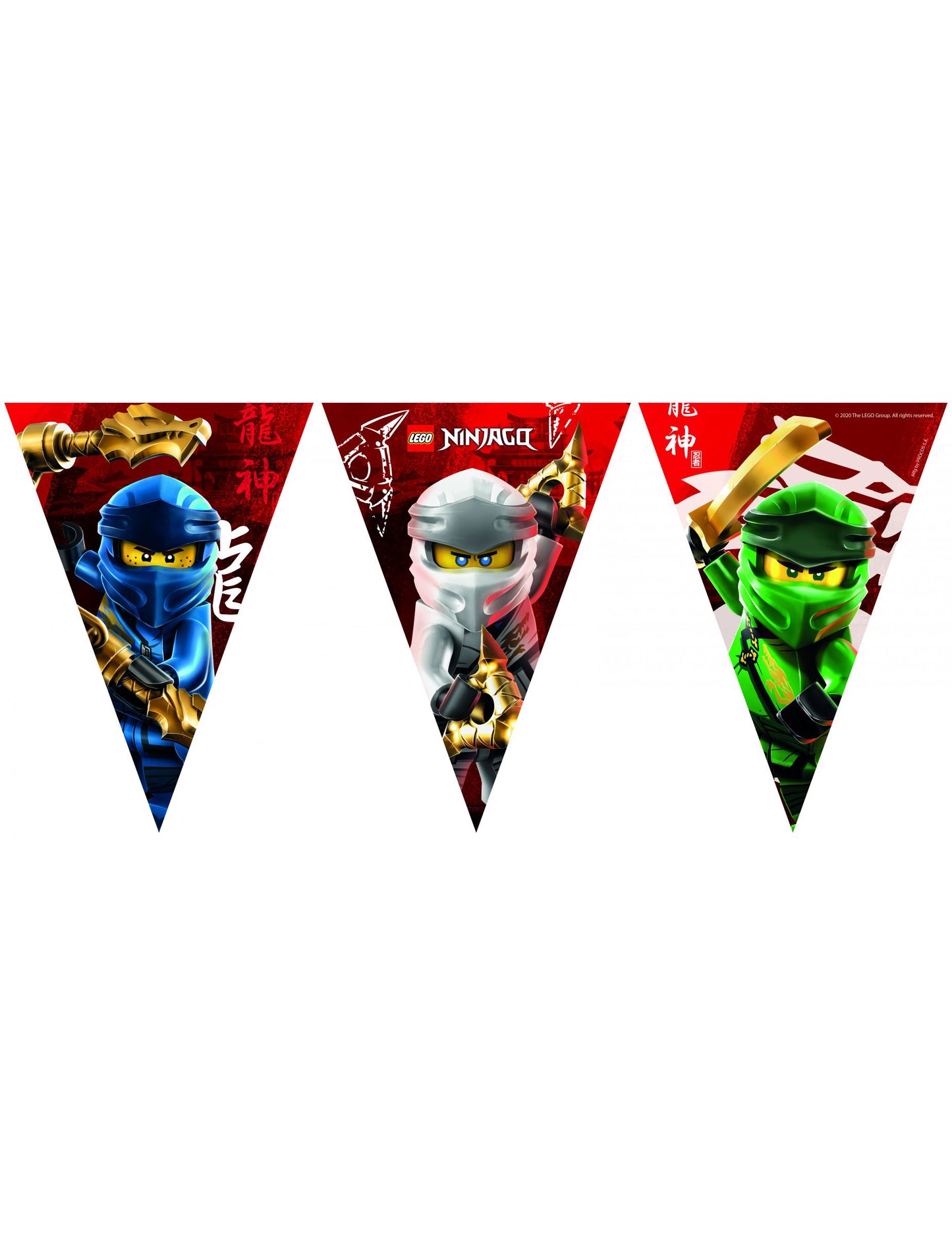 Guirlande fanions en papier Lego Ninjago pour enfant rouge avec ninjas bleu blanc et vert
