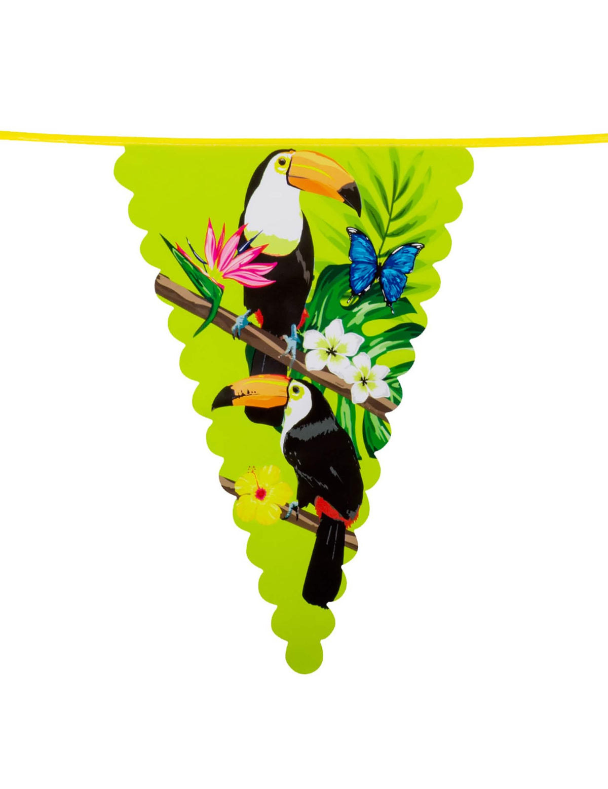 Guirlanda de bandeirolas em plástico, tucano verde tropical com flores e borboleta azul