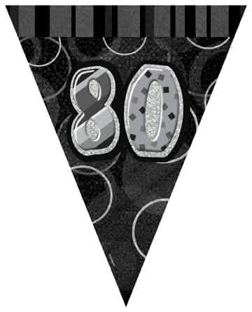 Guirlande de fanions 80 anos para aniversário cinzento e preto com purpurinas