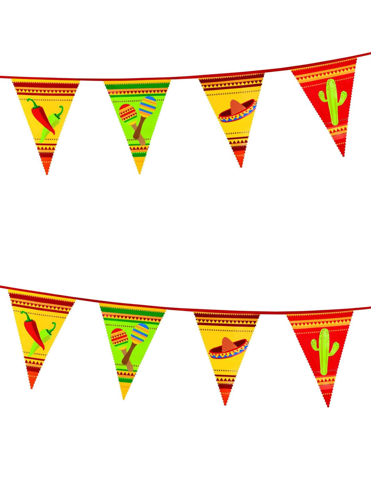 Guirlanda de bandeirolas mexicanas para festa multicores com motivos de pimentos e sombreros