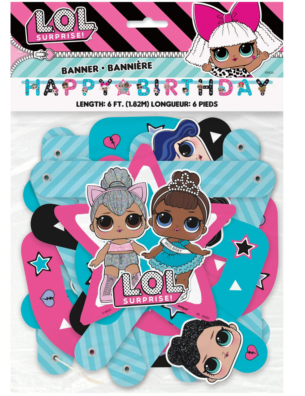Detalhe das personagens e elementos da grinalda Happy Birthday LOL Surprise