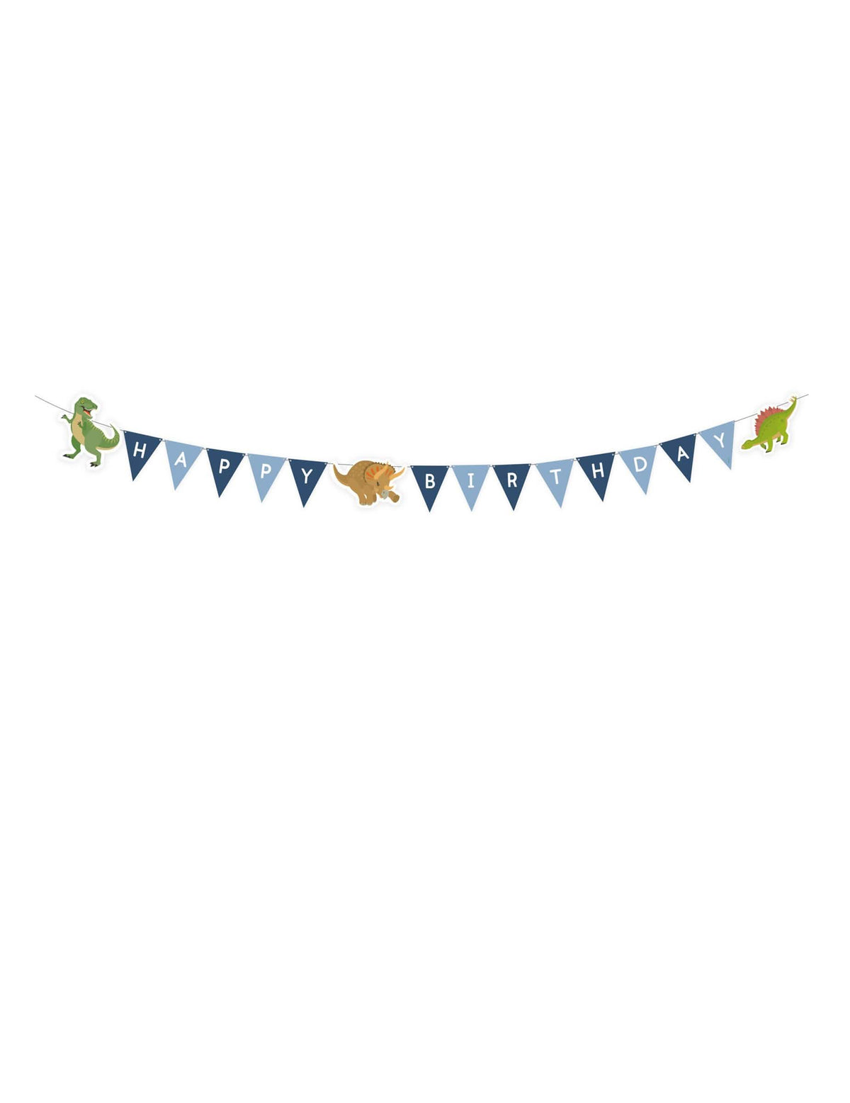 Grinalda de bandeirolas Happy Birthday com grandes dinossauros para criança azul