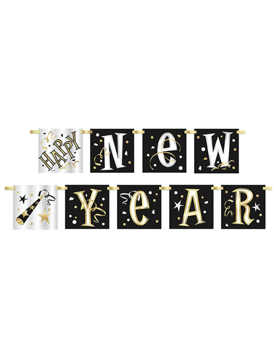 Guirlande en carton Happy New Year pour fête noir blanc et or