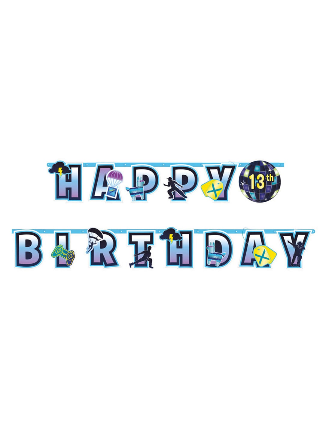 Guirlanda personalizável Happy Birthday battle royale azul e violeta com motivos de jogos de vídeo