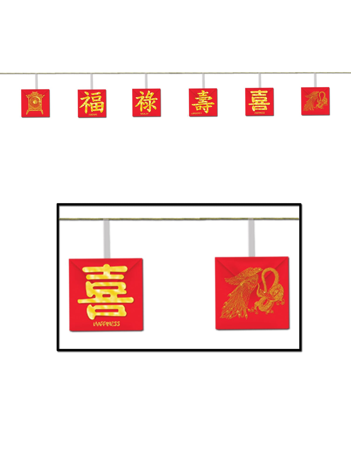 Guirlande Nouvel an chinois pour décoration rouge et or avec symboles dorés