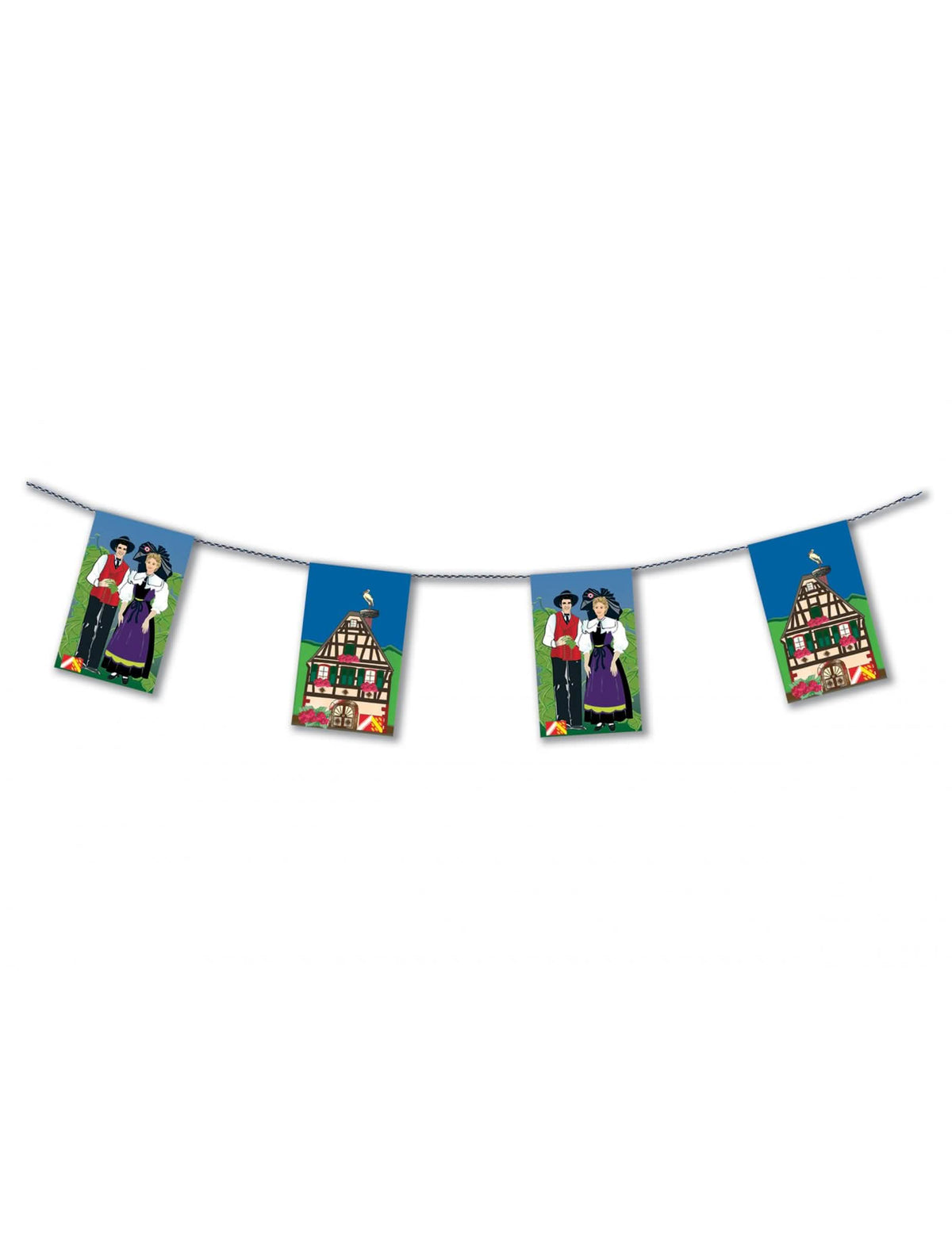 Guirlanda da Alsácia em papel para festa azul com motivos de casas e personagens tradicionais