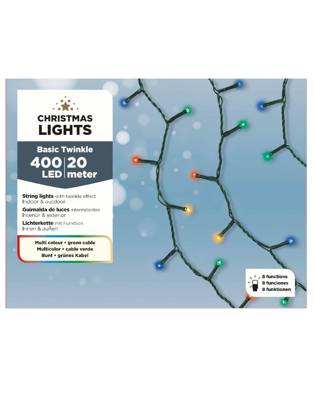 Detalhe da embalagem da grinalda luminosa 400 led 20 m 8 funções para decoração multicores