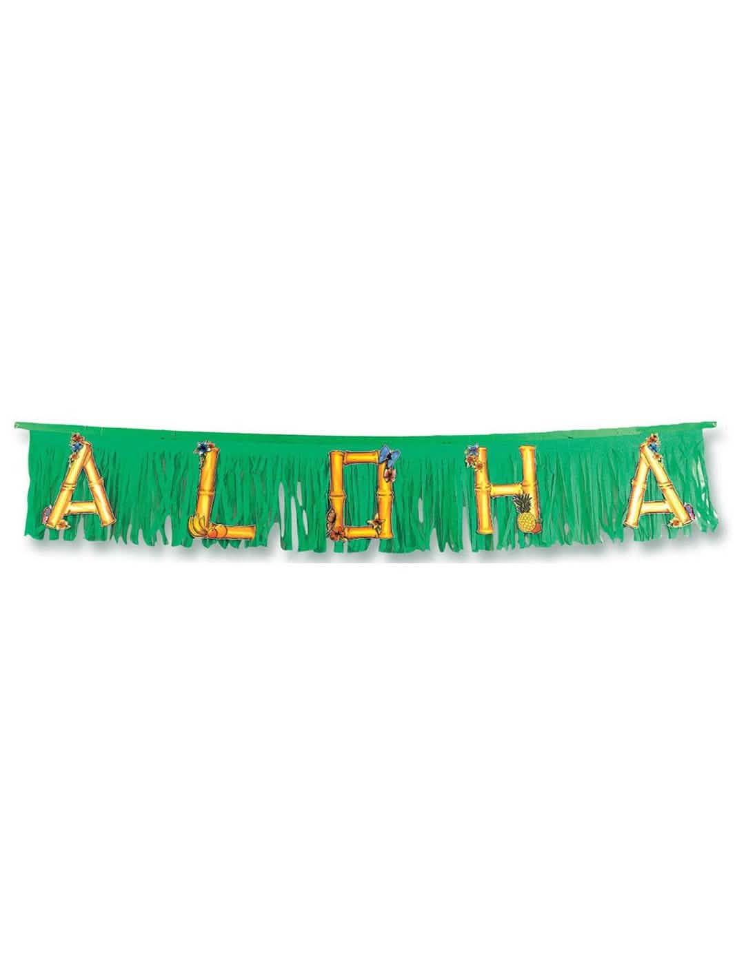 Guirlanda Aloha para decoração de festa verde com franjas e letras em bambu