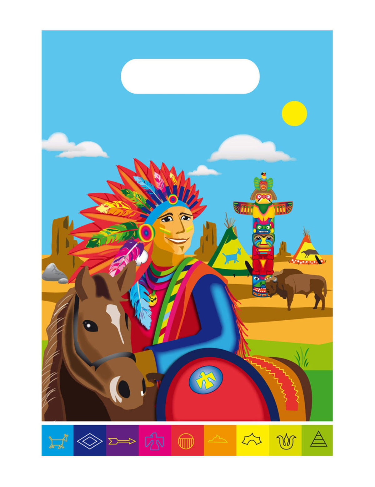 Saquinhos de festa indianos multicoloridos para criança com decoração de tipi e totem