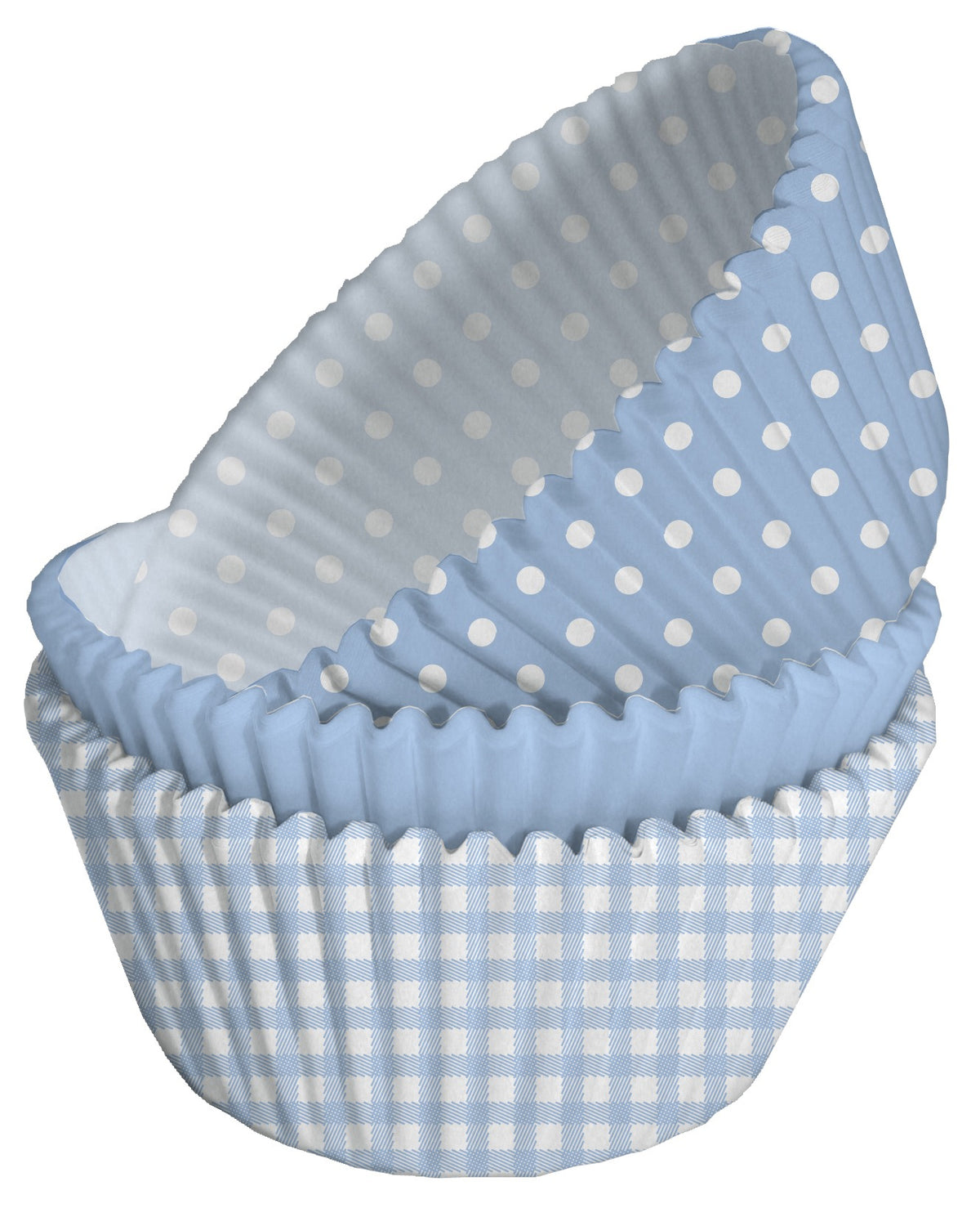 Forminhas de papel para cupcakes azuis com bolinhas brancas para baby shower