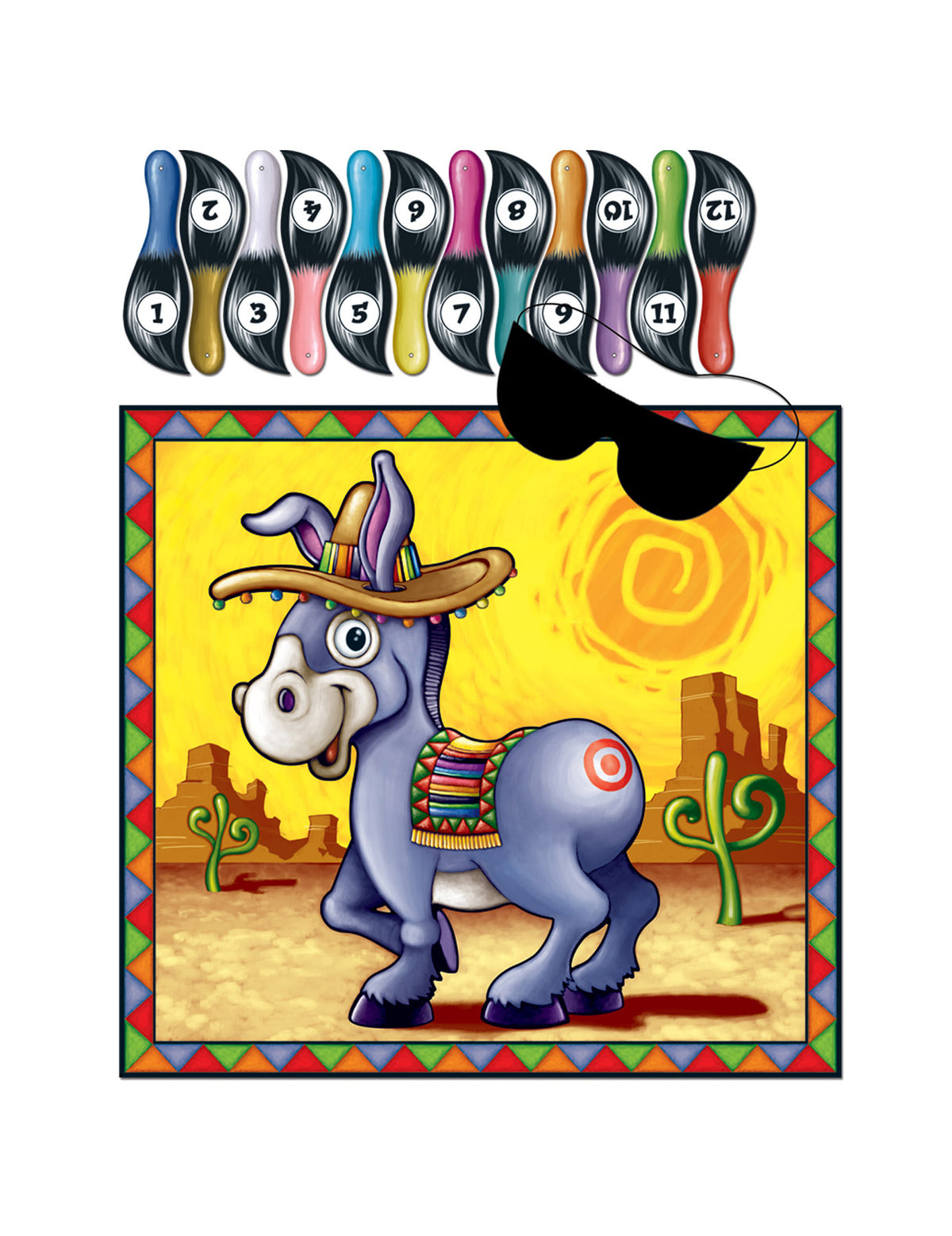 Jogo de festa de pôr o rabo no burro para criança multicores com cartaz e máscara preto