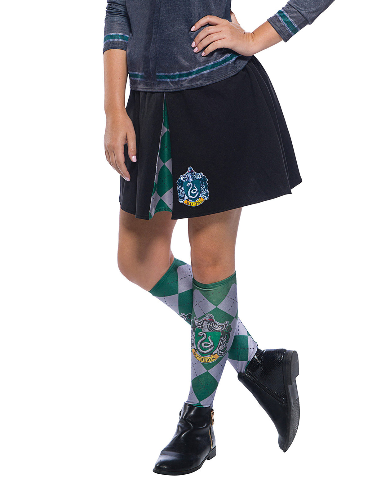 Saia Sonserina Harry Potter™ adulto preta com brasão e padrão aos quadrados verde e cinzento