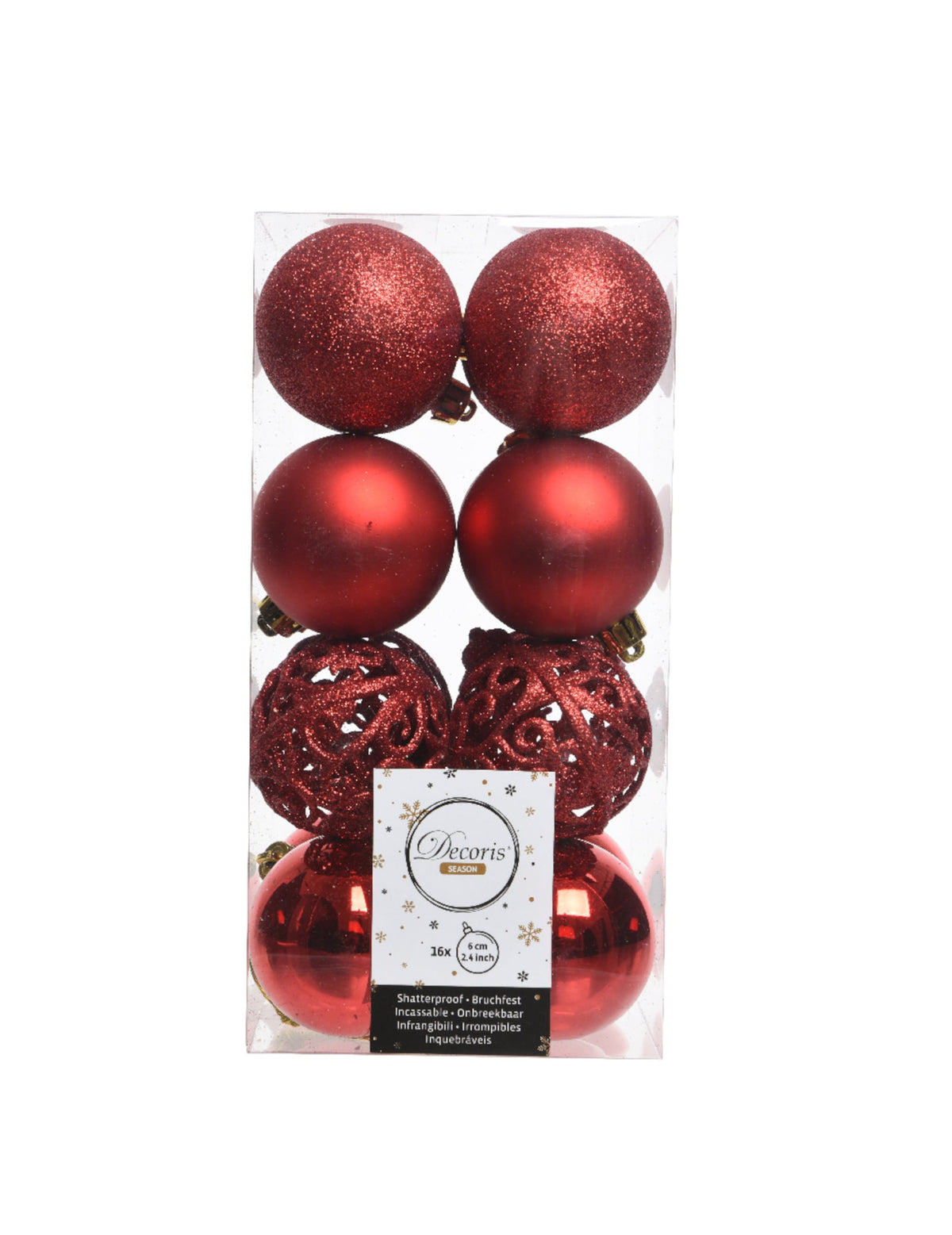 Vista da caixa de apresentação das bolas de natal vermelhas para decoração