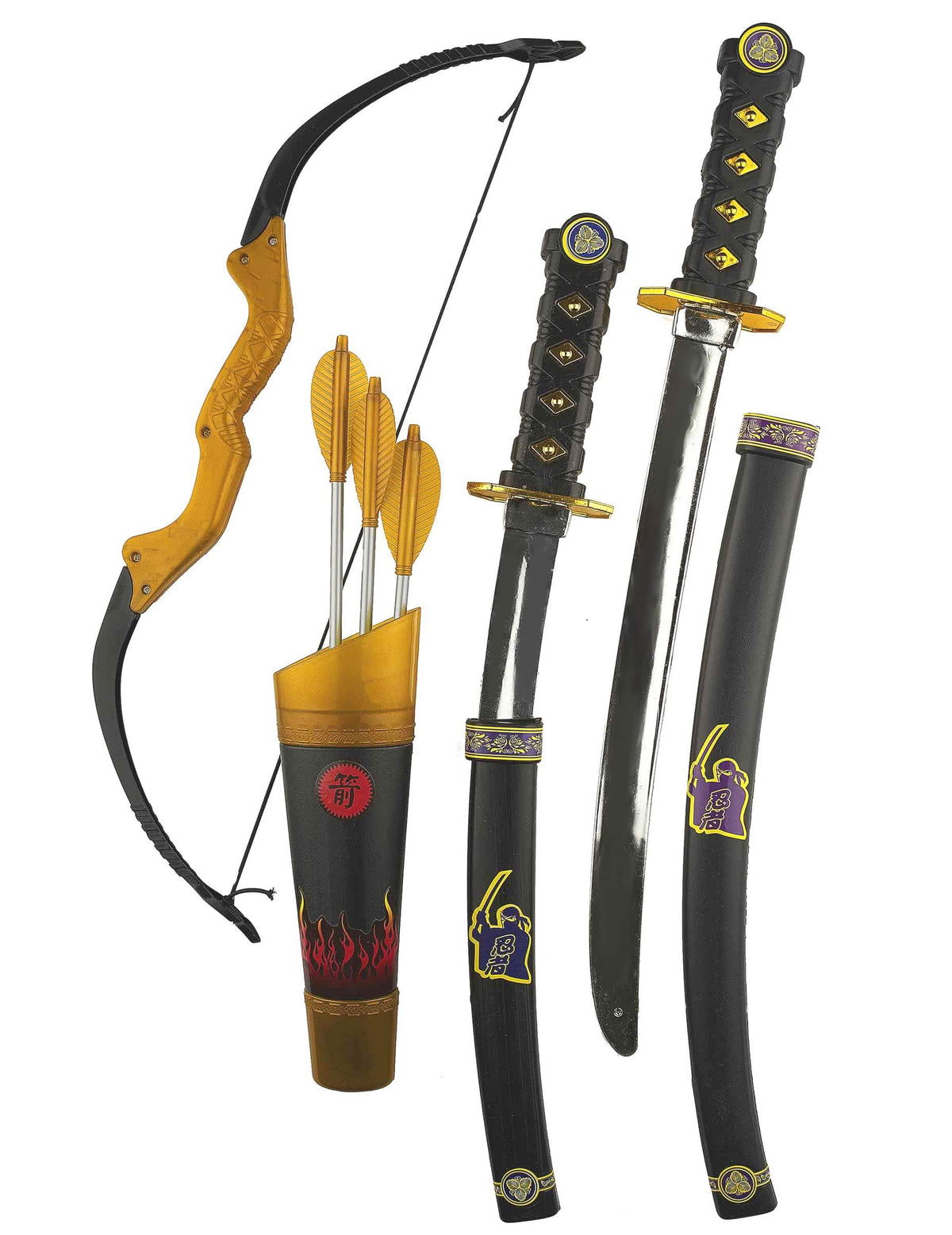 Kit de acessórios armas e arco ninja para criança preto e dourado