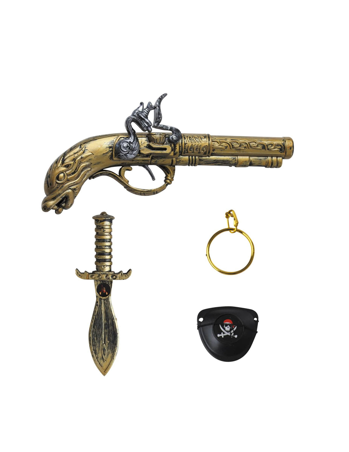 Kit de acessórios bucaneiro para adulto dourados e pretos com pistola, adaga, brinco e tapa-olho