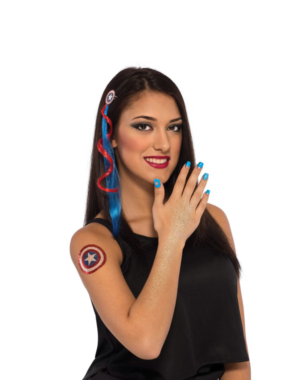 Kit de acessórios e maquilhagem Capitão America™ para mulher azul e vermelho com madeixa e tatuagem