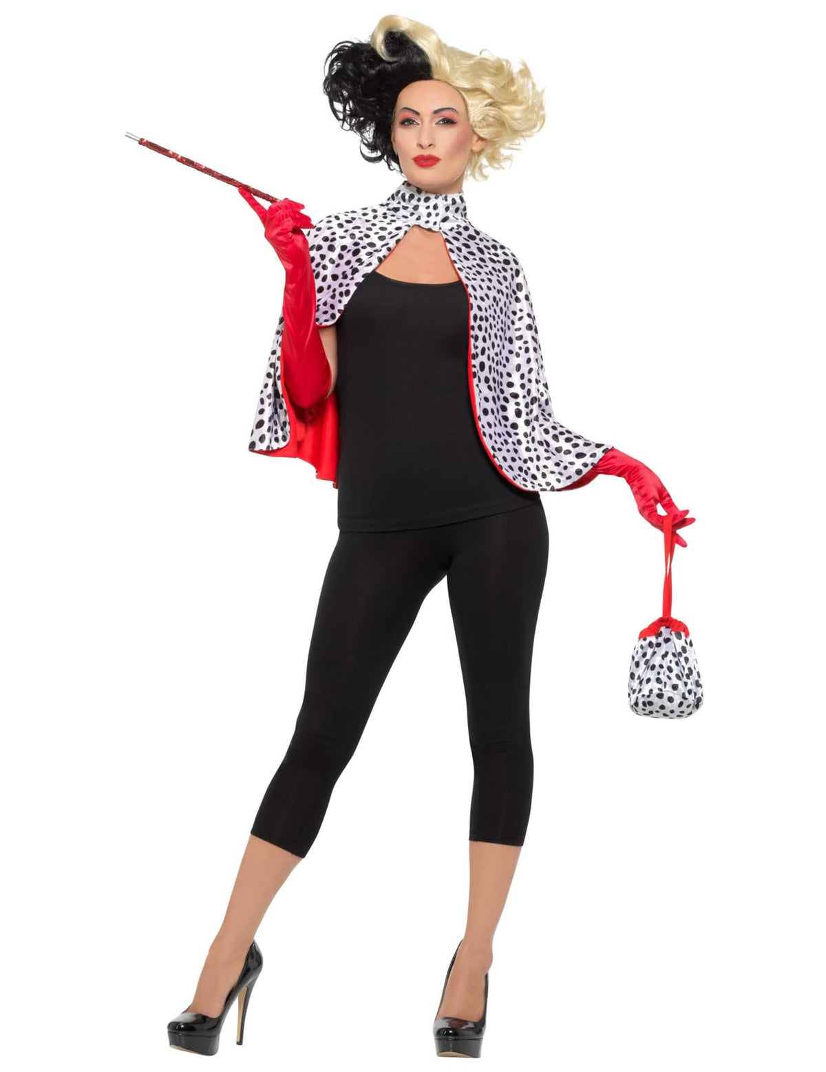 Kit de acessórios de mulher diabólica com padrão dálmata black and white com luvas vermelhas
