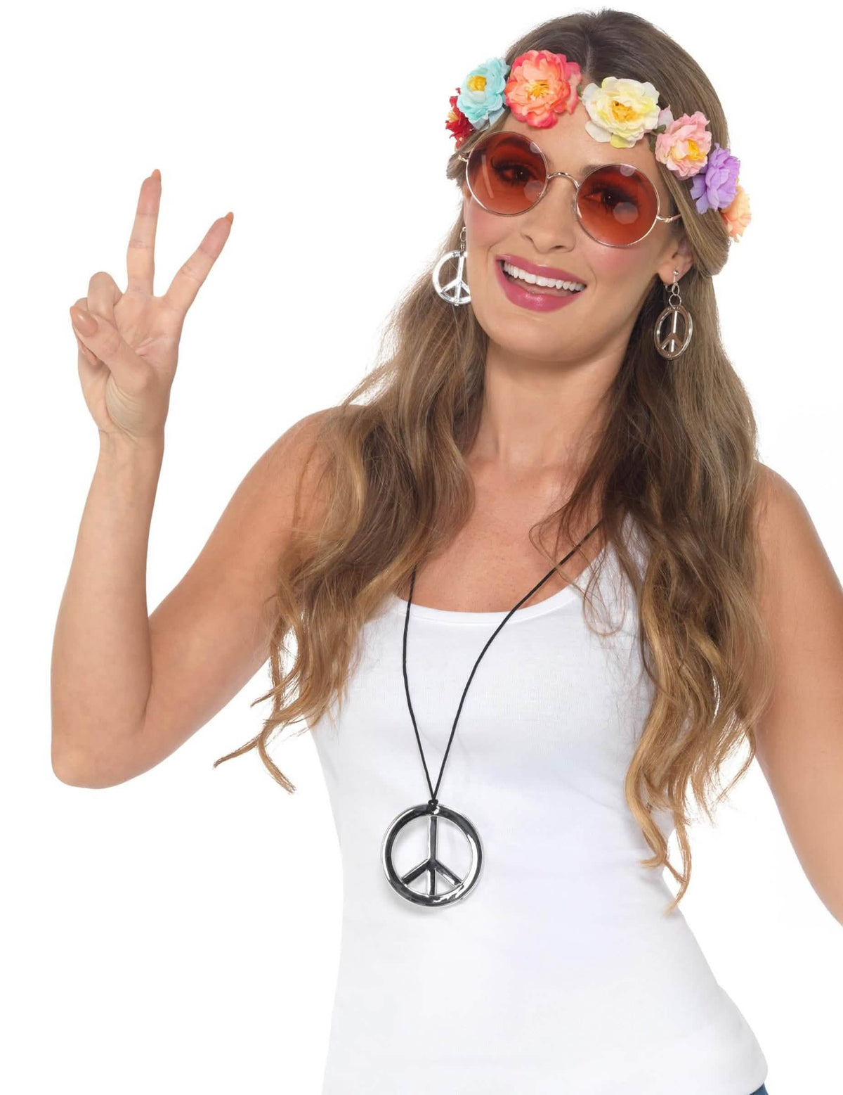 Kit de acessórios hippie para mulher com coroa de flores e jóias peace and love prateadas