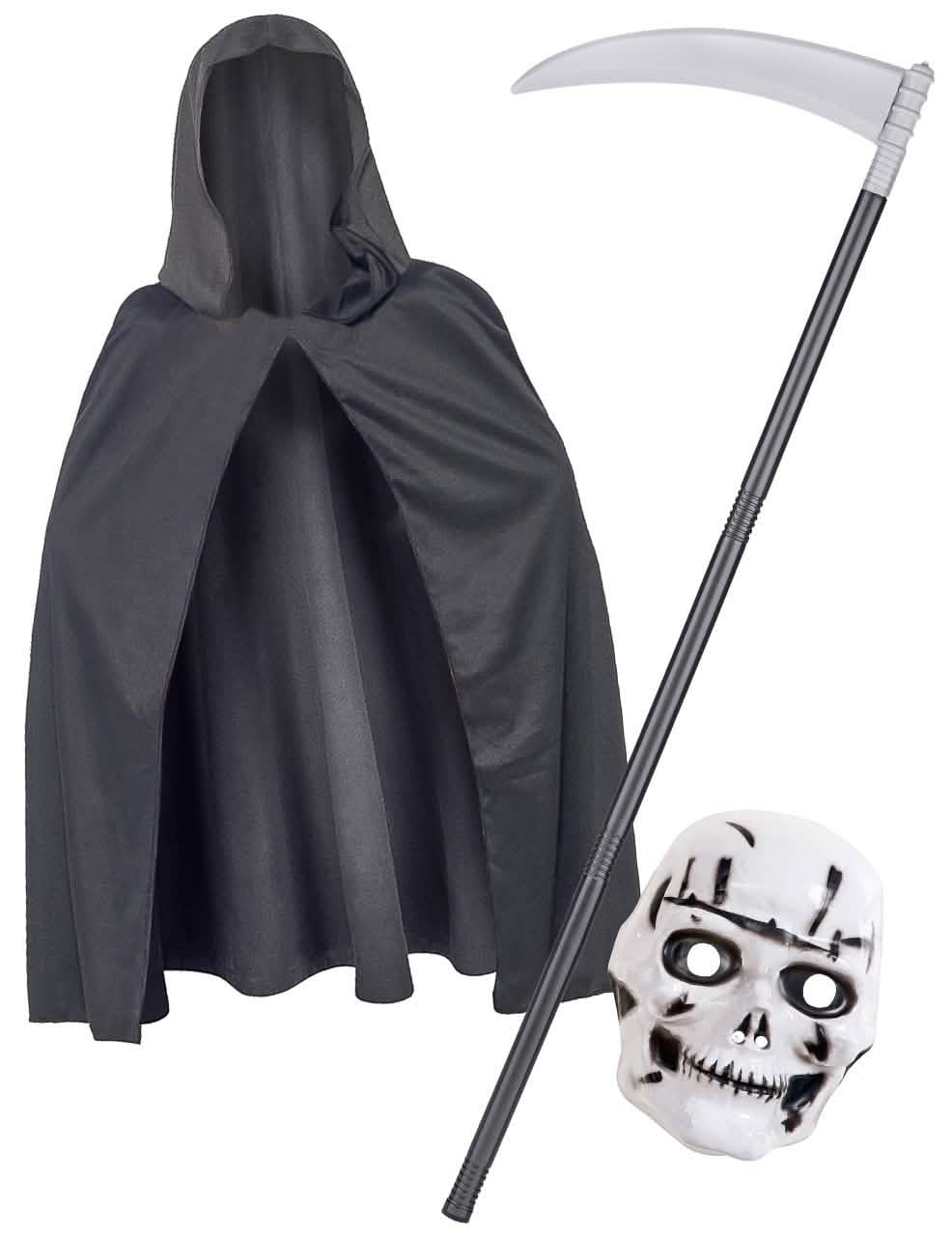 Kit accessoires squelette pour enfant noir et blanc avec cape masque et faux