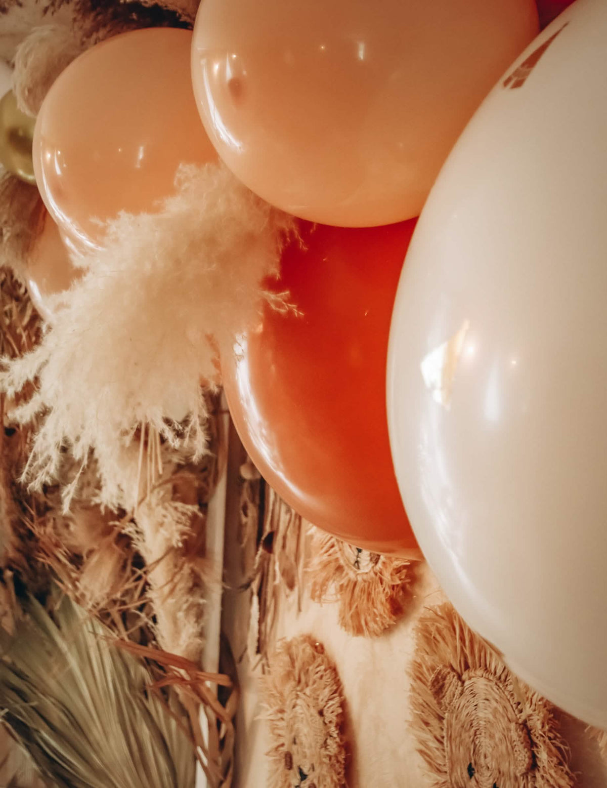 Zoom nos balões e nas ervas de pampa do kit de arco de 46 balões boho para casamento e aniversário