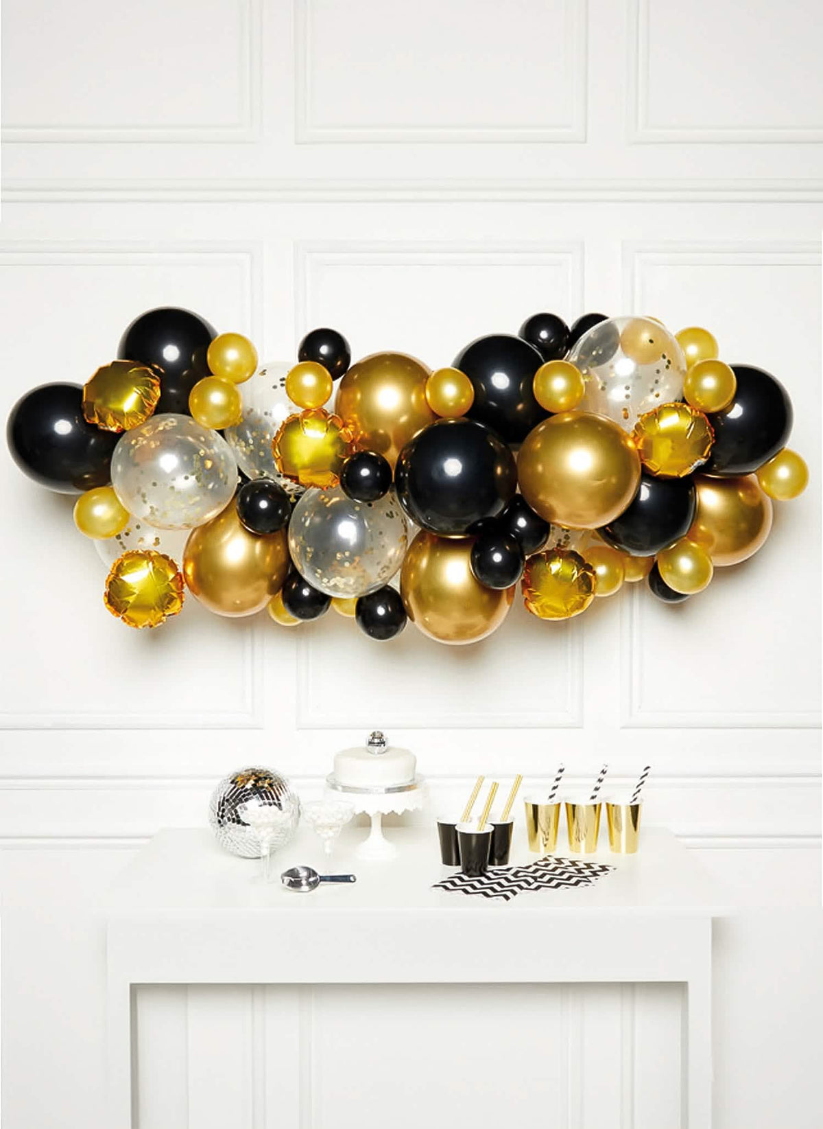 Kit de arco de 66 balões decoração chique para aniversário preto e dourado