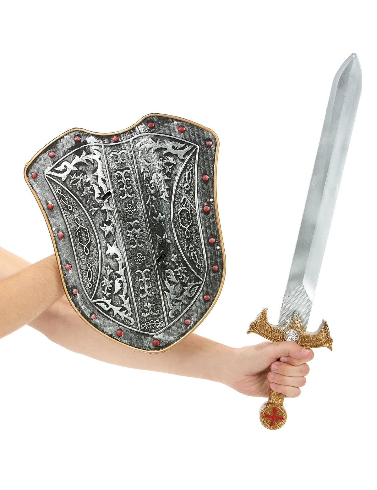 Gros plan sur l'épée et le bouclier du kit bouclier et épée chevalier médiéval pour enfant
