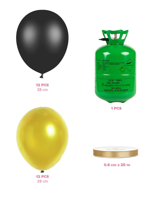 Kit de cilindros de hélio com 12 balões pretos 12 balões dourados e fita