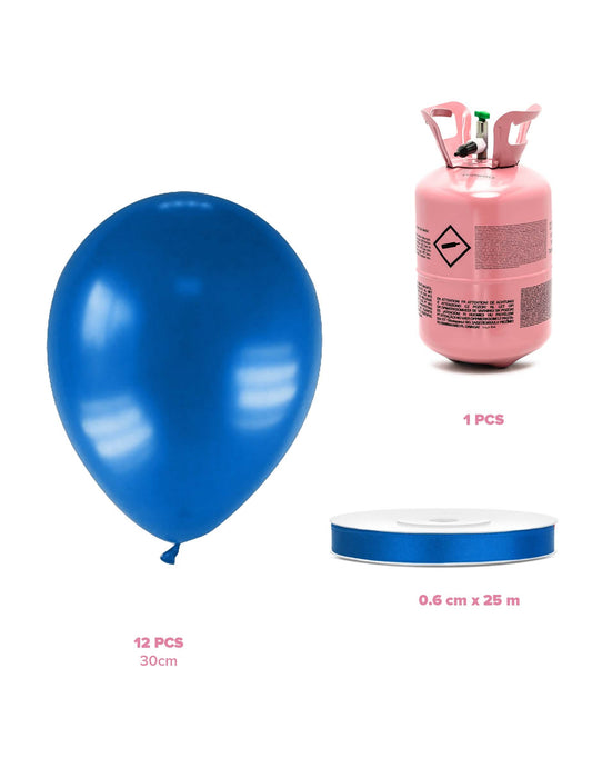 Kit de cilindros de hélio com 12 balões azul-escuro metalizados e uma fita