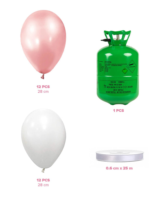 Kit de cilindros de hélio com 12 balões rosa-dourados 12 balões brancos e fita