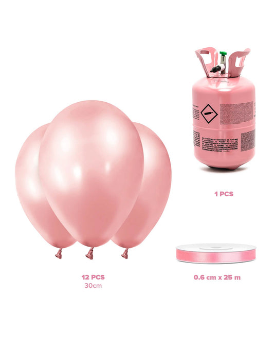 Kit de cilindros de hélio com 12 balões rosa-dourados e fita de cetim