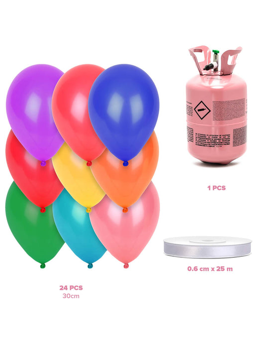 Kit garrafa de hélio com 24 balões multicoloridos e fita
