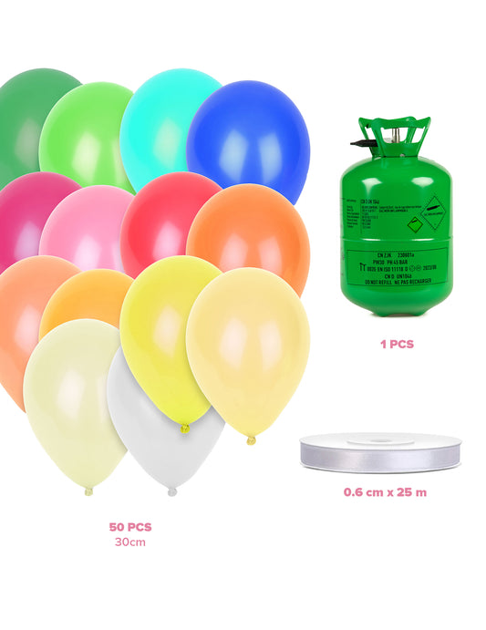 Kit de cilindros de hélio com 50 balões multicoloridos e fita