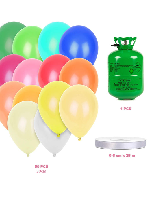 Kit de cilindros de hélio com 50 balões multicoloridos e fita