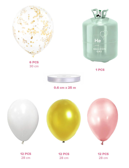 Kit de garrafas de hélio com balões transparentes e fita a condizer em ouro rosa e branco