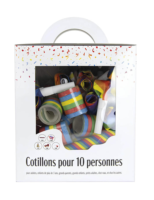 Vue de face de la boîte du kit cotillons multicolores pour 10 personnes