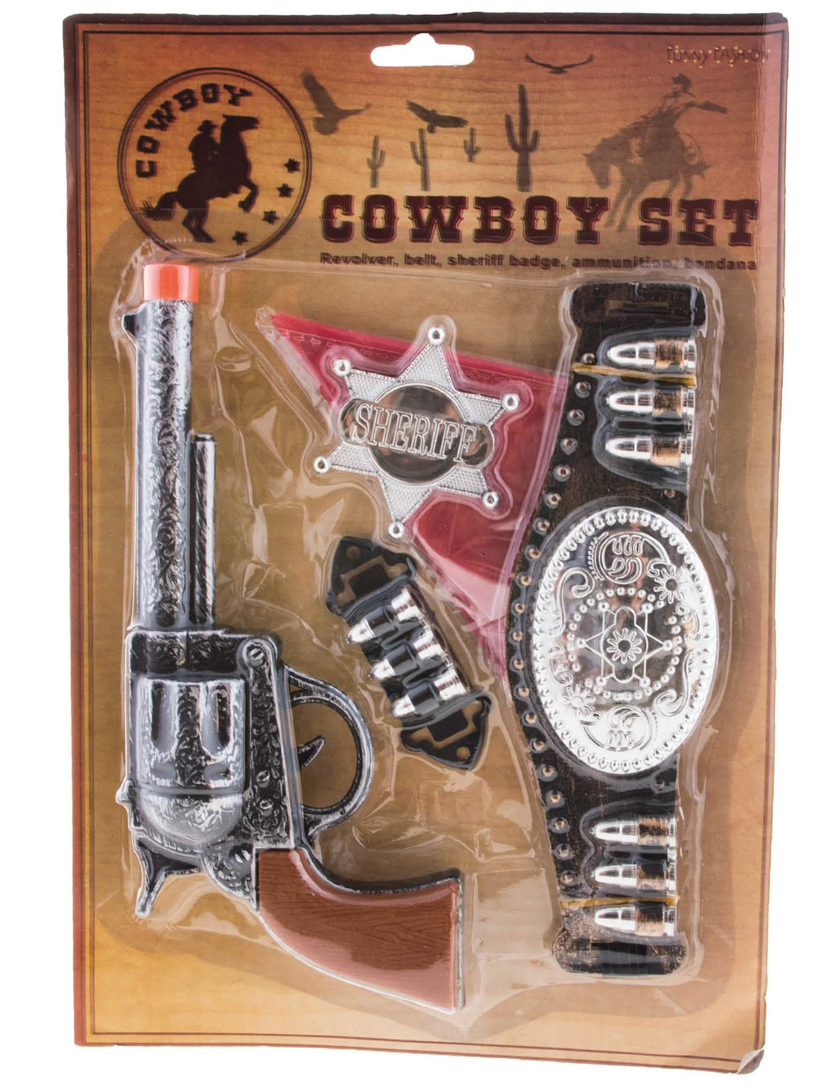 Vista da embalagem do Kit 5 peças cowboy para criança