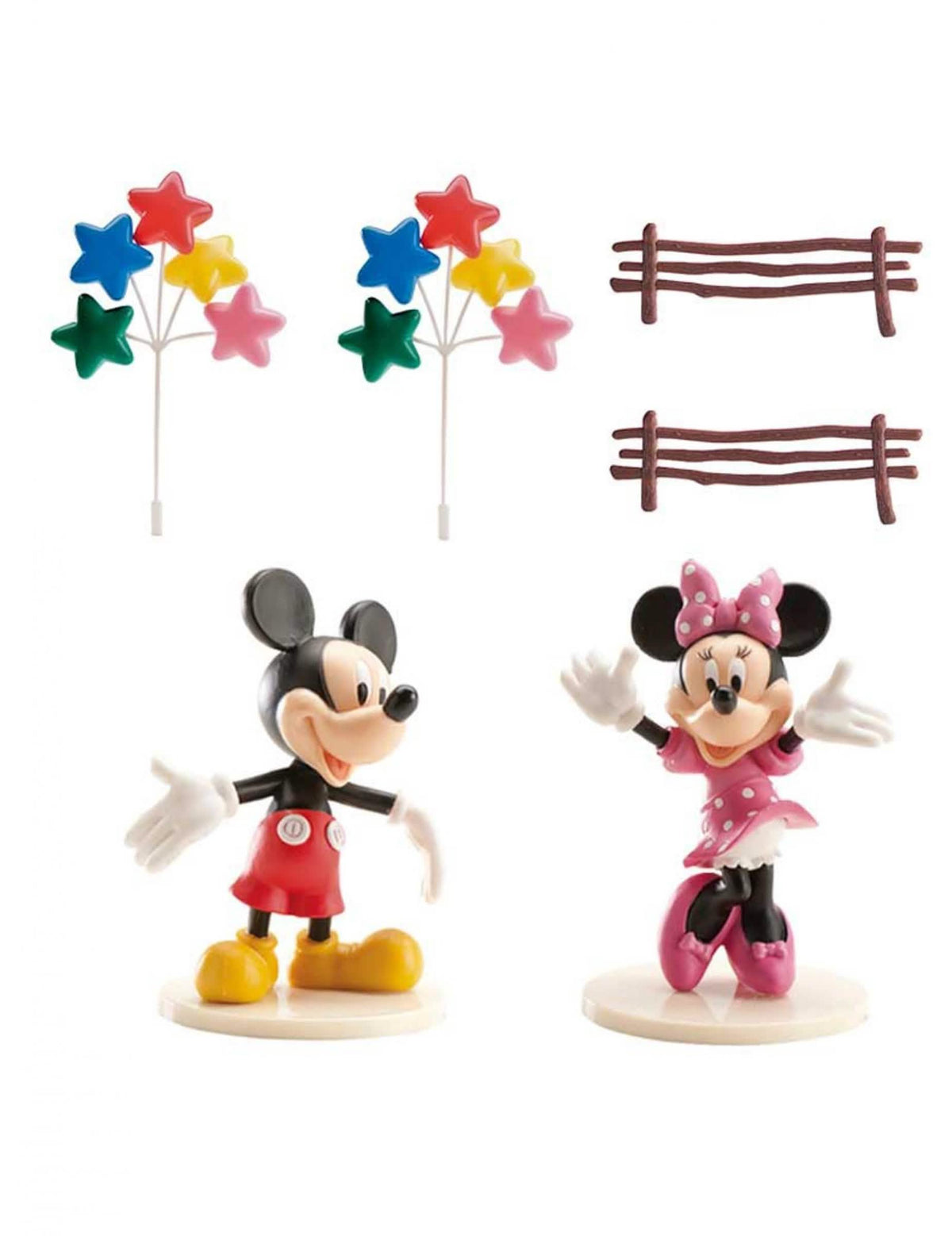 Kit de decorações de bolo Mickey e Minnie para criança multicores com figuras e palitos estrelas