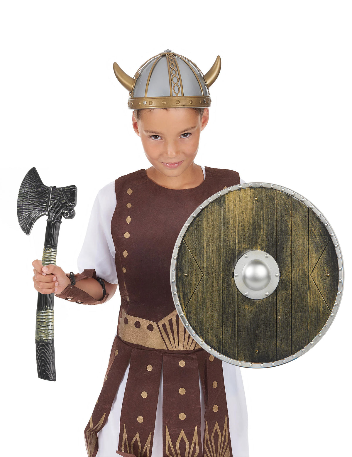 Vue de face de l'enfant portant le kit de viking pour enfant