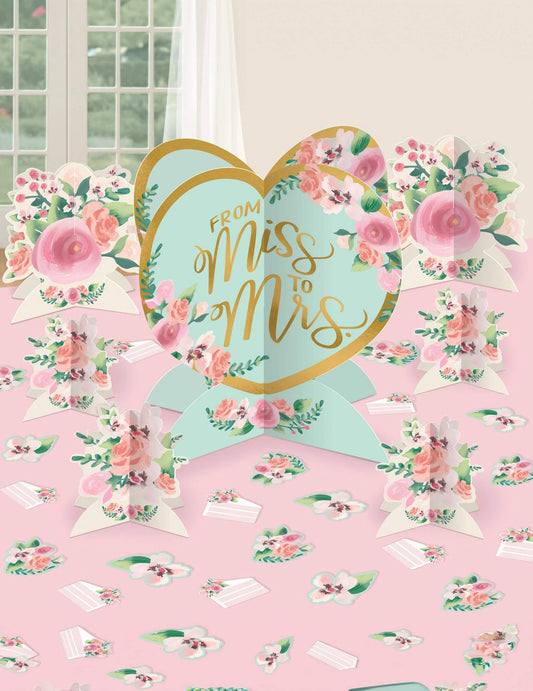 Vue d'ensemble des éléments du kit décoration de table From Miss to Mrs pour mariage liberty